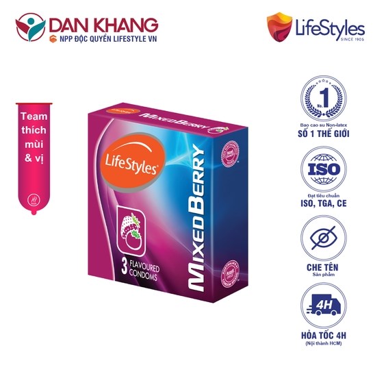 [HỘP] BAO CAO SU MIXED BERRY HƯƠNG DÂU 3 MÙI CAO CẤP – LIFESTYLES – 3 BAO/HỘP