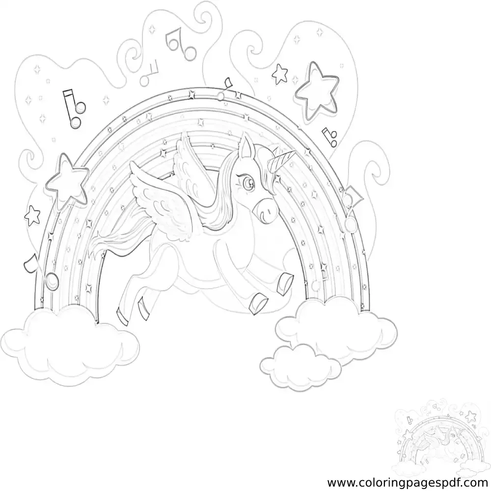 Coloring Page Of A Unicorn Under A Rainbow