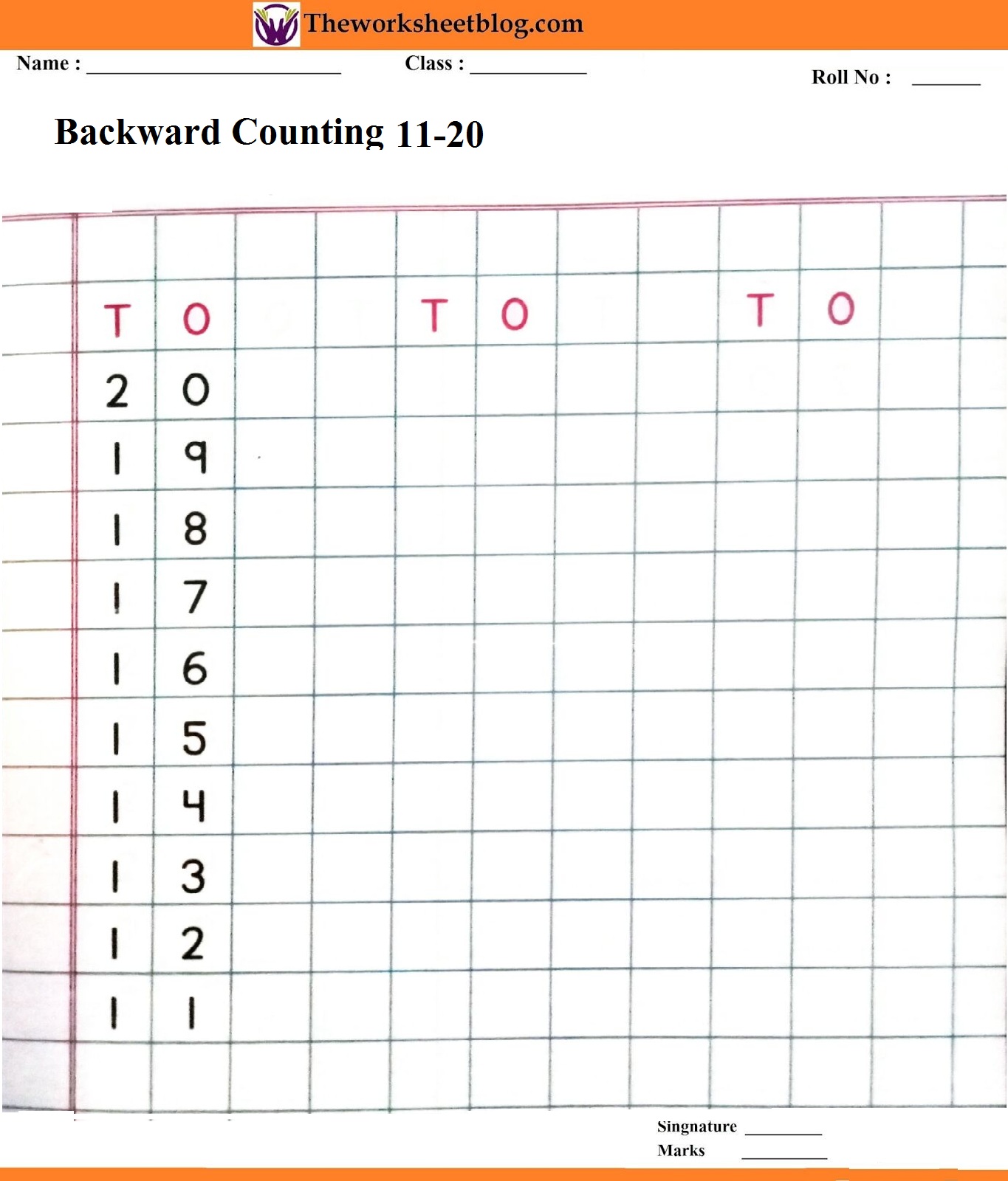 Backward counting 50-1 worksheets