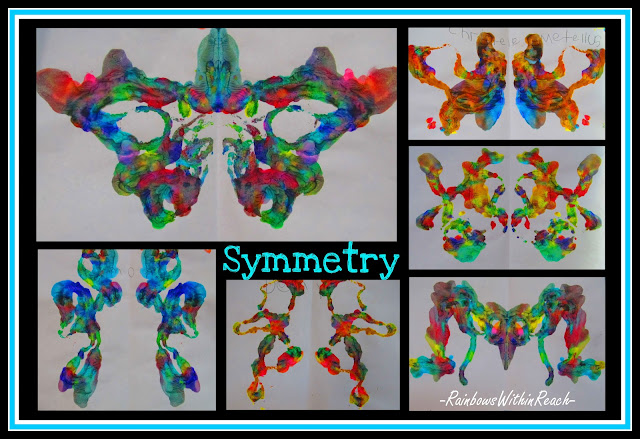 Symmetry, children's painting, bright colors, spring art, bulletin board