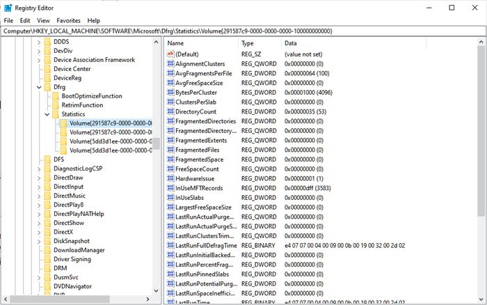 Clave de estadísticas de Dfrag Windows 10