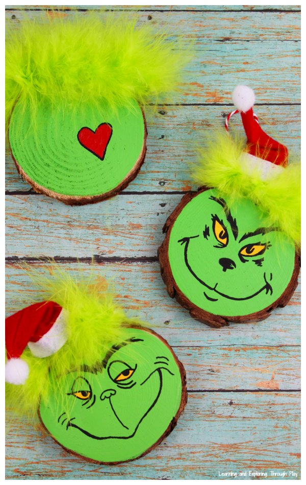 Learning and Exploring Through Play: Grinch Wood Slice Craft