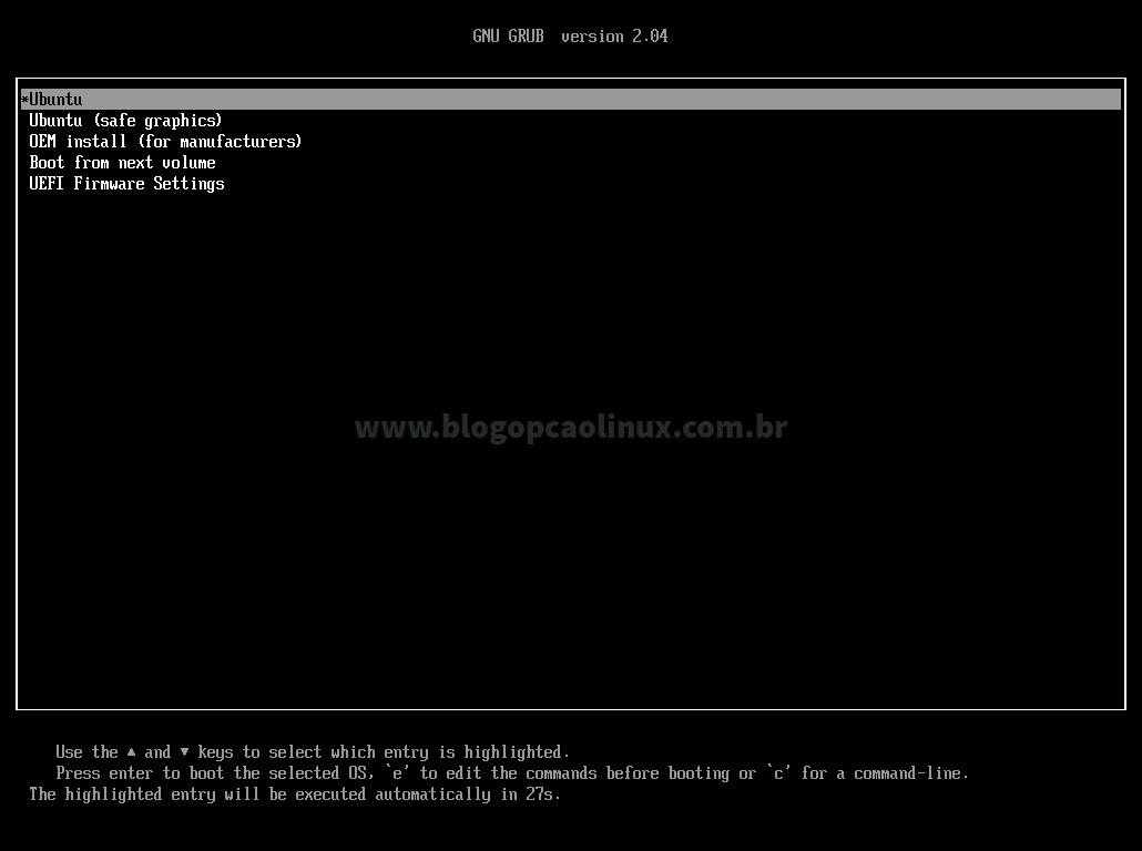 Tela de boot da mídia de instalação do Ubuntu em computadores com UEFI