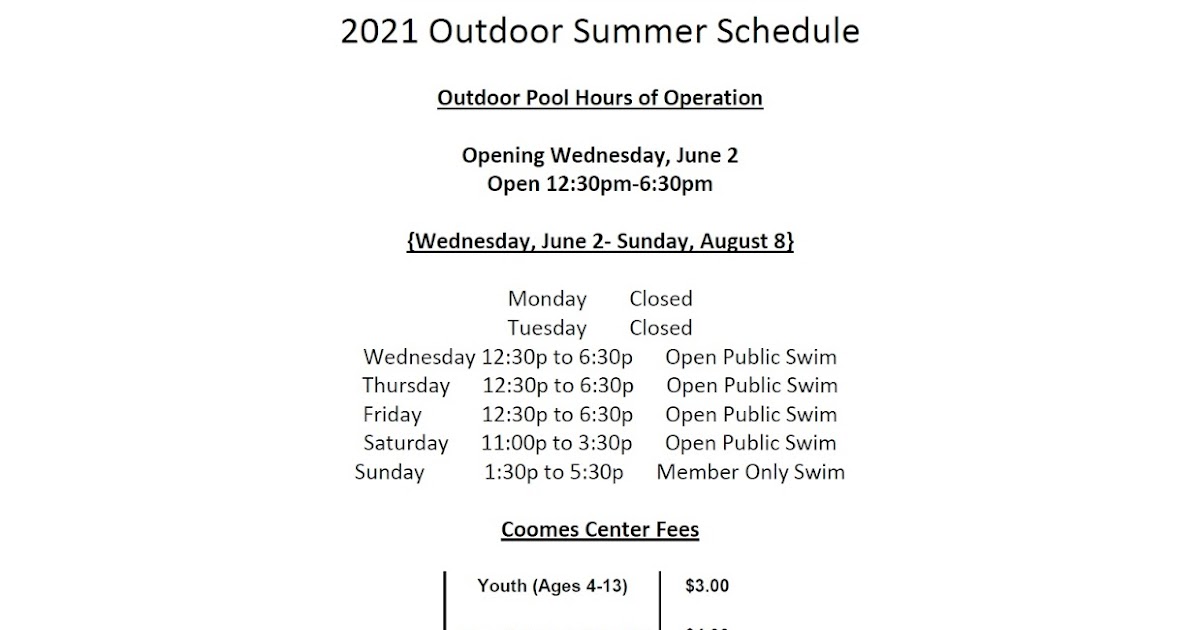 Town of Abingdon, Virginia Coomes Recreation Center Outdoor Pool Schedule
