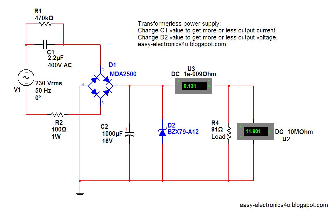 Simple transformerless power supply ~ Easy Electronics