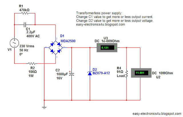 Simple transformerless power supply Easy Electronics Circuit Diagram