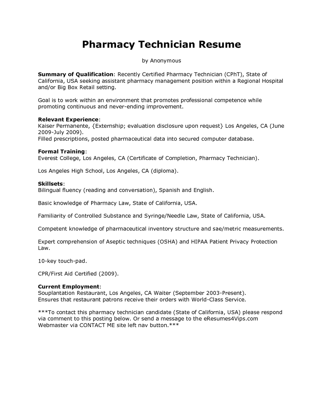 sample resume for pharmacy technician