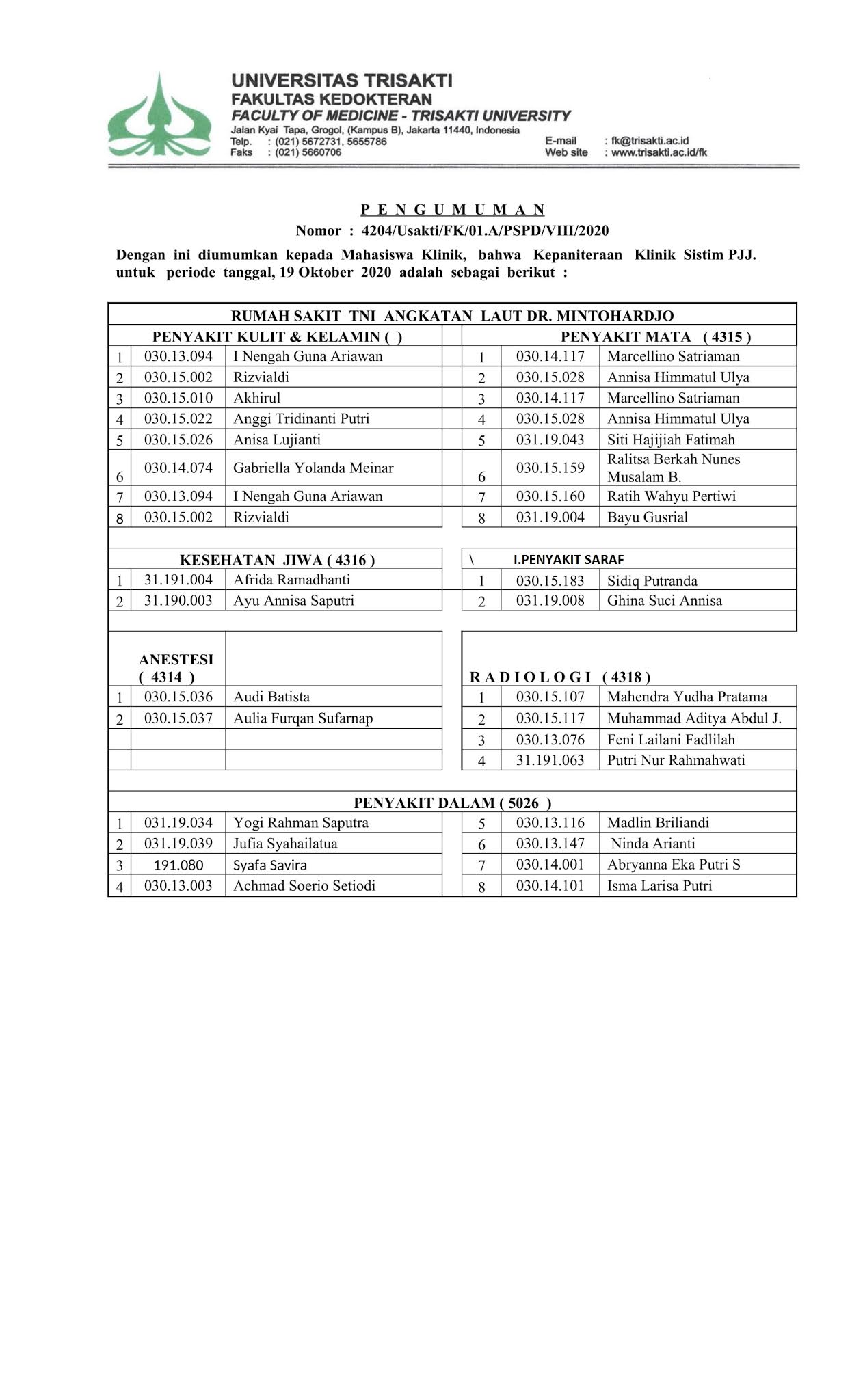 Psppd Fk Usakti Kamis Oktober 15 2020
