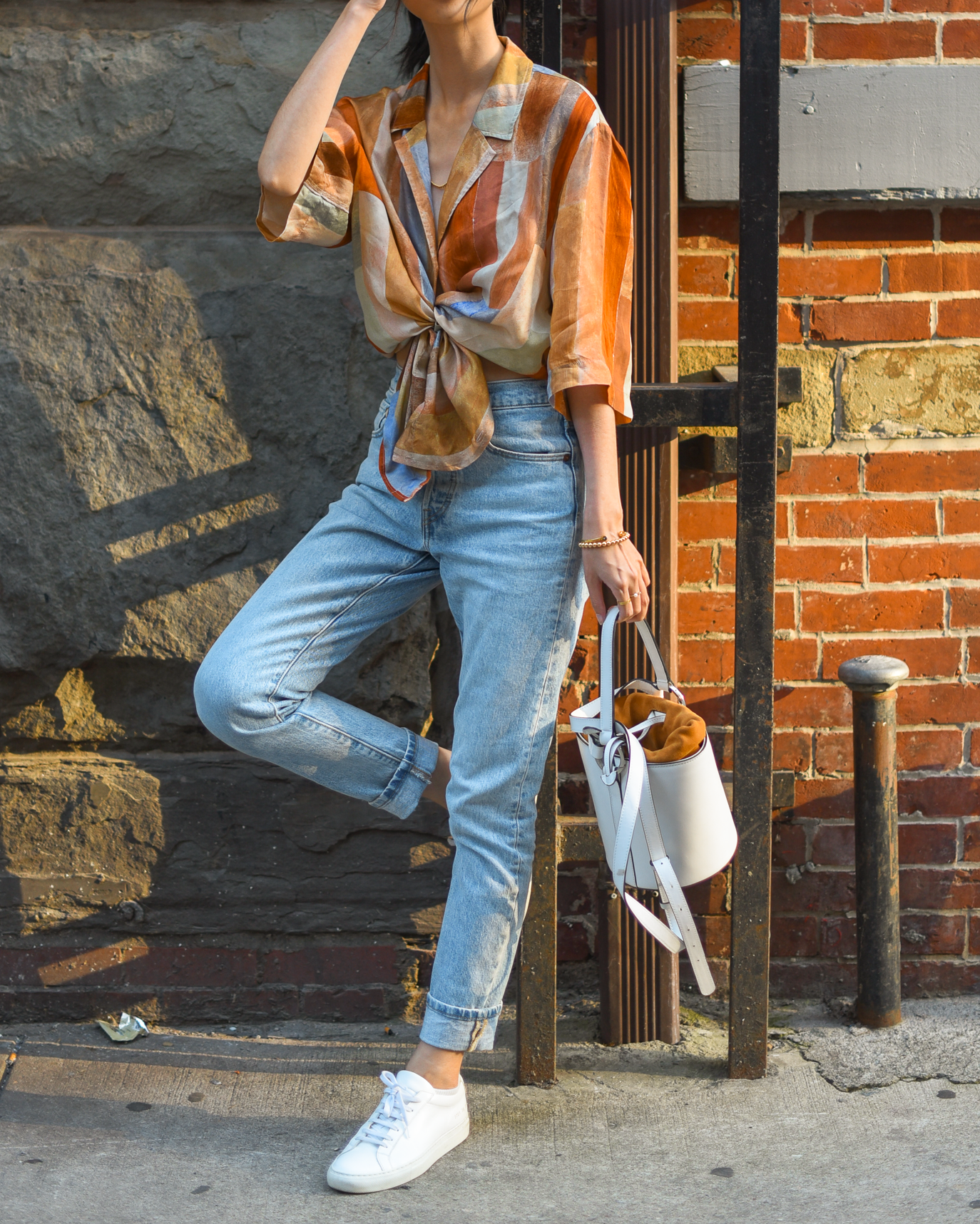 Aritzia Aries button up, gold tone jewelry, summer outfit ideas, rustic orange shirt, New York casual style - FOREVERVANNY.com