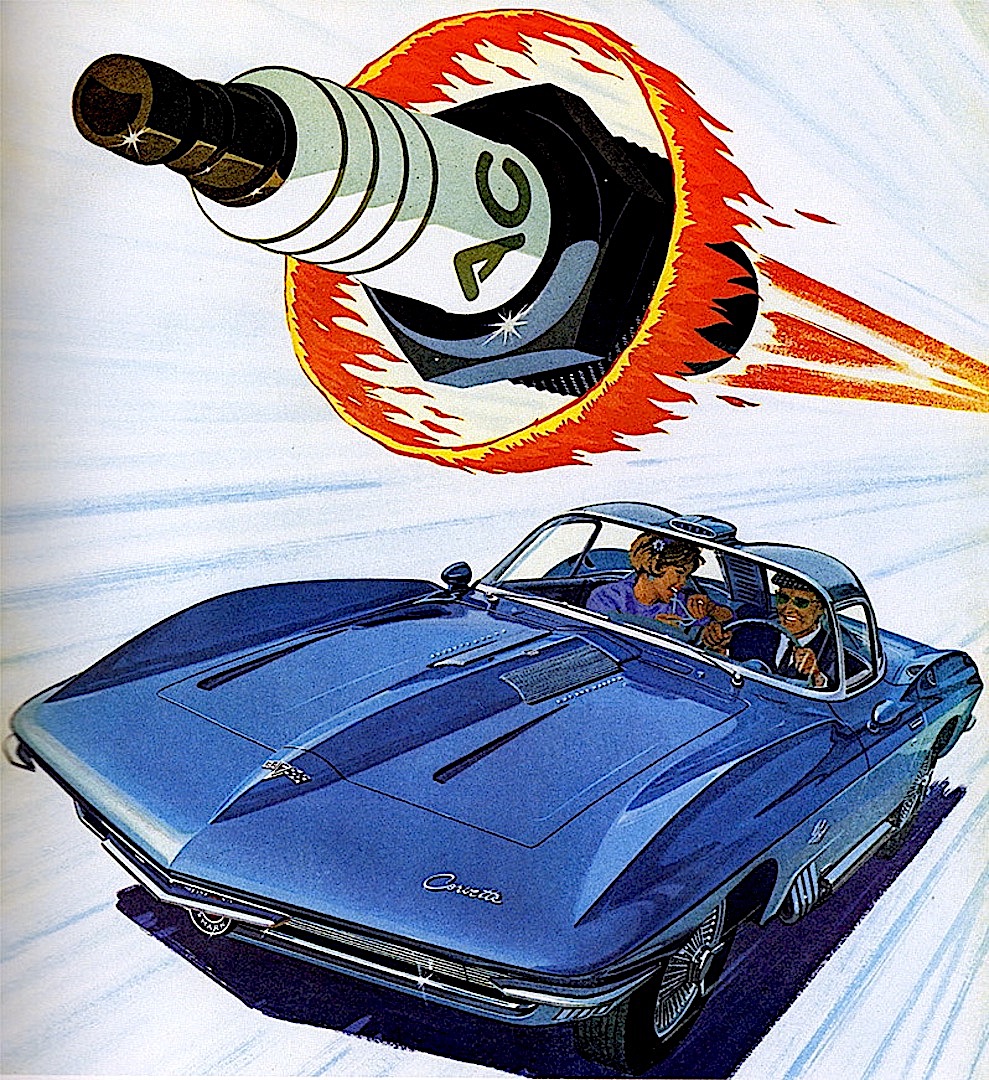 1960s illustration Corvette a 1960s advertising illustration, AC sparkplugs, Corvette
