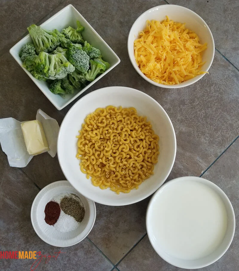 All the ingredients for creating broccoli mac and cheese