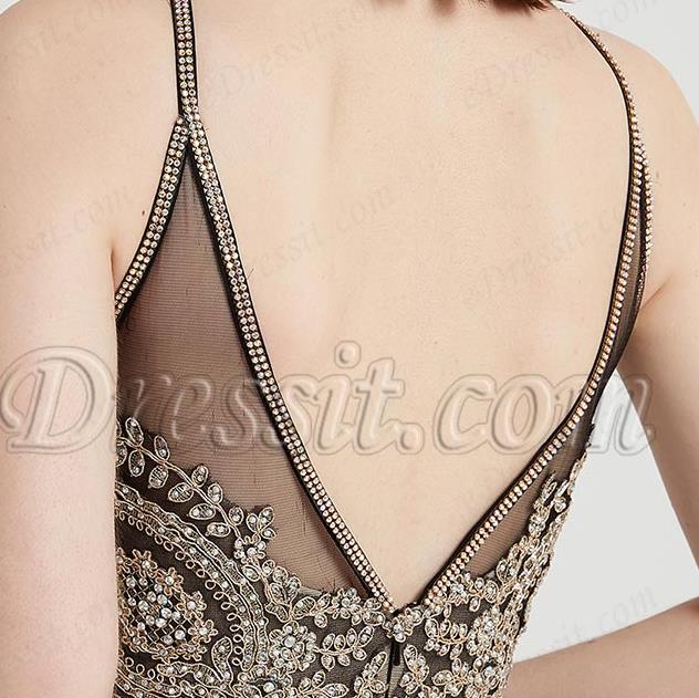 halter black prom dress with beaded top and v back