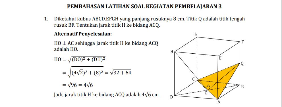 Diketahui kubus abcd efgh yang panjang rusuknya 8 cm. q adalah titik tengah rusuk bf tentukan jarak. h ke bidang acq