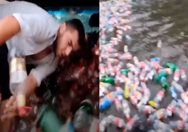 Joven se grabó tirando miles de botellas de plástico a un río (Video);  Podría terminar en prisión 