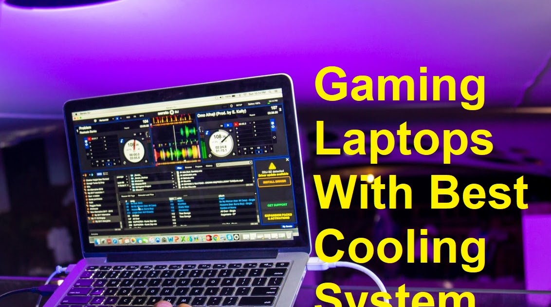  A purple background with a laptop in the foreground and text overlay 'Gaming Laptops With Best Cooling System'.