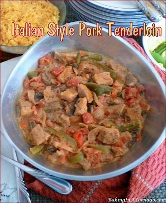Italian Style Pork Tenderloin, pork tenderloin and vegetables slow cooked in a creamy tomato sauce. | recipe developed by www.BakingInATornado.com | #recipe #dinner