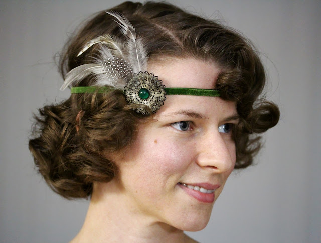 Flapper headband with moss green velvet ribbon by ChatterBlossom