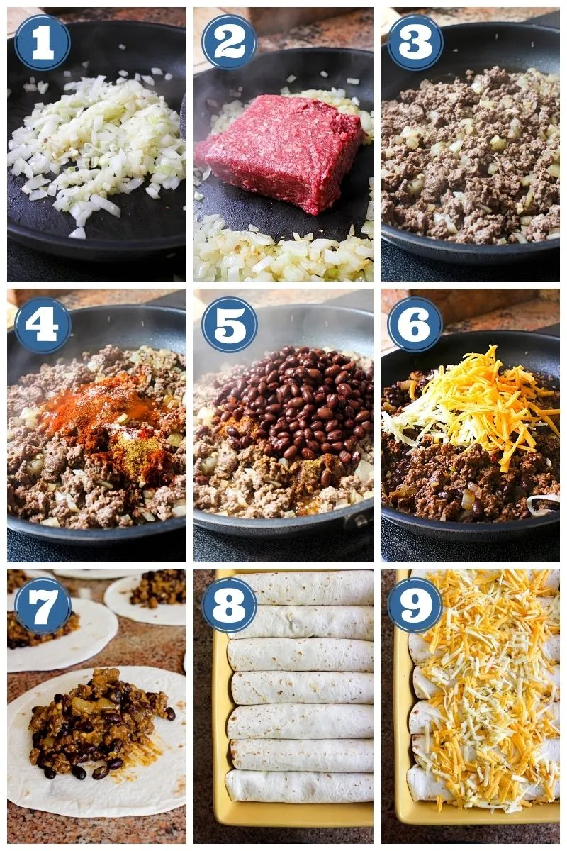 Collage of step by step images making beef and bean burritos.