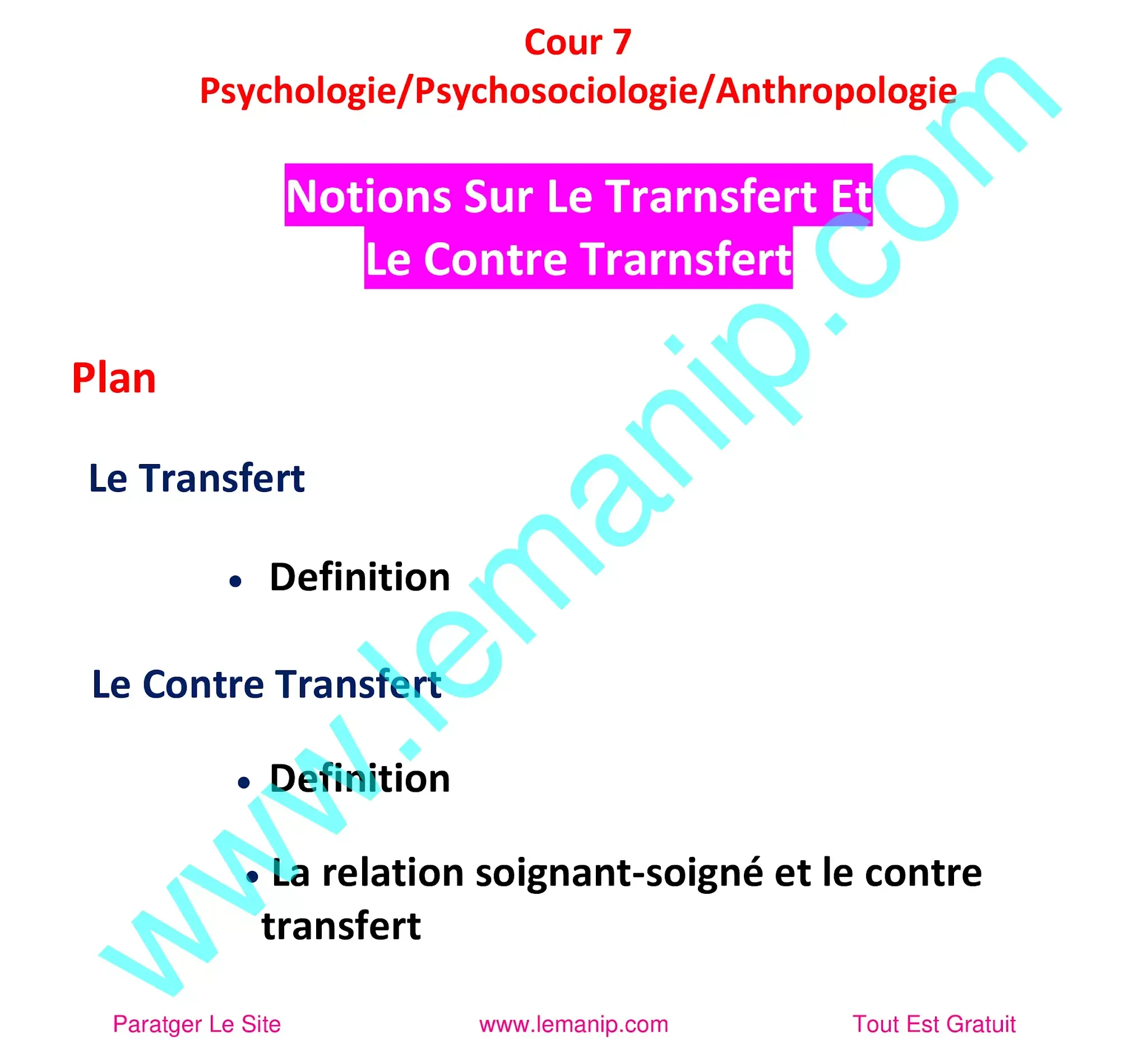 Plan du cour 7 Psychologie Anthropologie