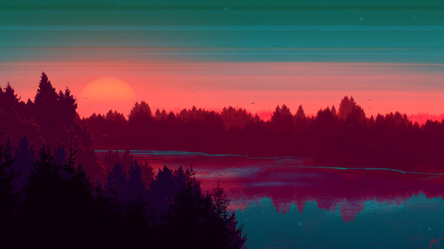 Sunset, River, Scenery, Digital Art, 4K, #4.1988 Wallpaper PC Desktop