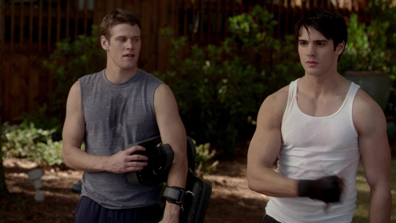 Michael Trevino shirtless with Steven R. McQueen and Zach Roerig in The Vam...