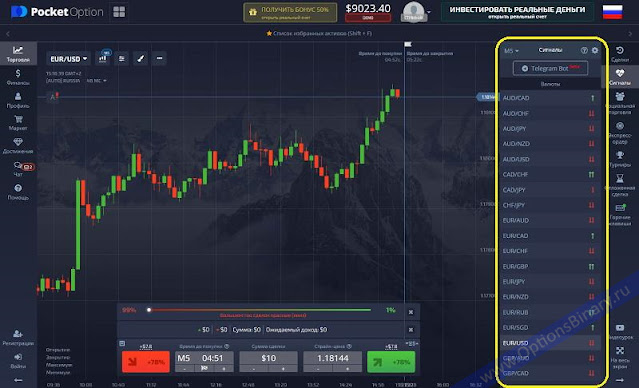 Меню инструментов Меню сигналы Pocket Option