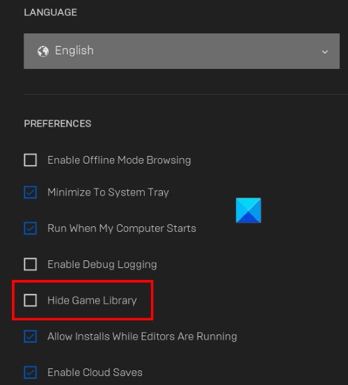 снимите флажок скрыть библиотеку игр epic games