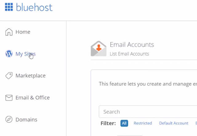 My Sites tab on bluehost