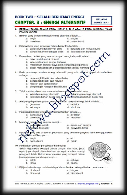 Download Soal Tematik Kelas 4 Semester 1 Tema 2 Subtema 3 Selalu Berhemat Energi Energi Alternatif Edisi Terbaru 2018