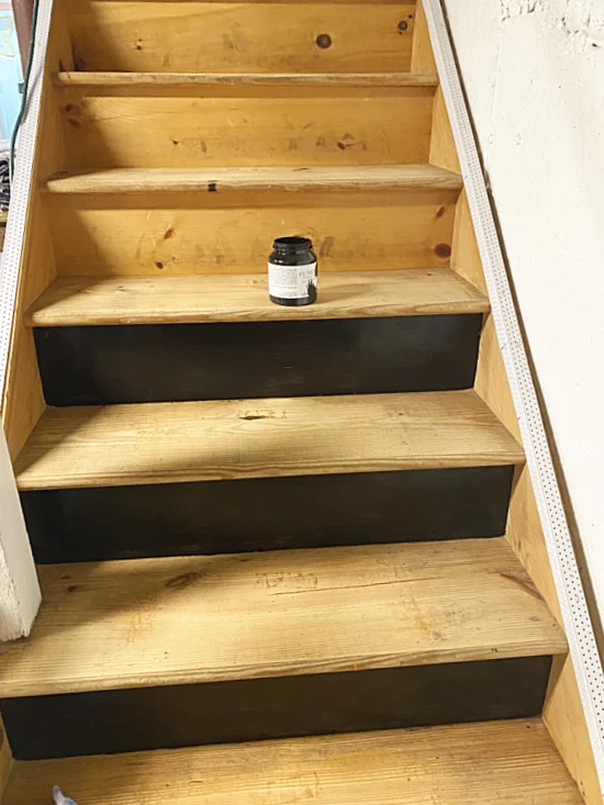 basement stairs with black risers