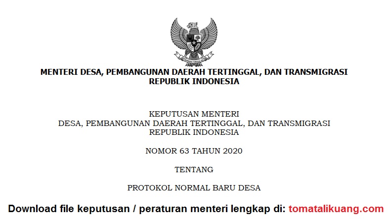 Download Kepmendesa Pdtt No 63 Tahun 2020 Tentang Protokol Normal Baru Desa Pdf