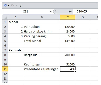 mencari persentase keuntungan di ms excel