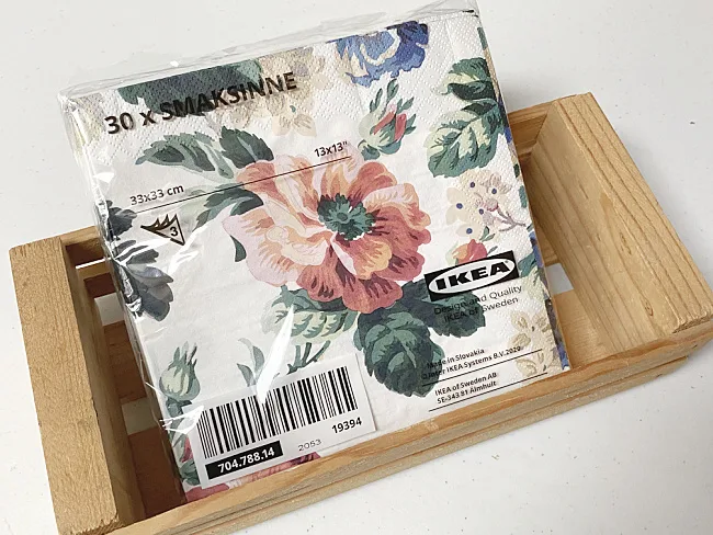 floral IKEA napkins and wooden crate