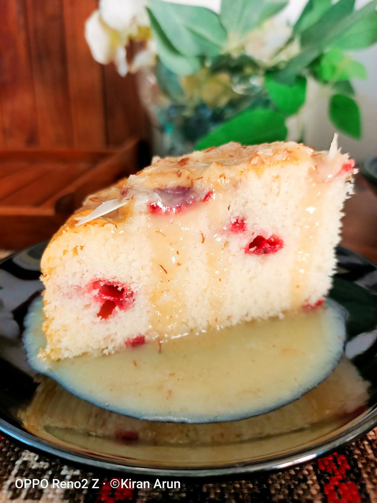 Eggless strawberry cake with almond butter sauce