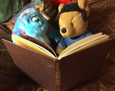 Sol & Spocky-Bear (toys) reading a book
