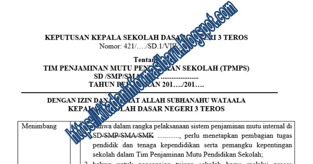 Contoh Sk Penetapan Tim Penjaminan Mutu Pendidikan Sekolah Tpmps Terbaru Info Baru
