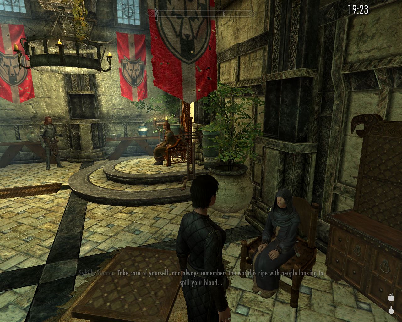 Laura stands in front of a sitting Sybille in the Solitud throne room, Elisif and her bodyguard visible