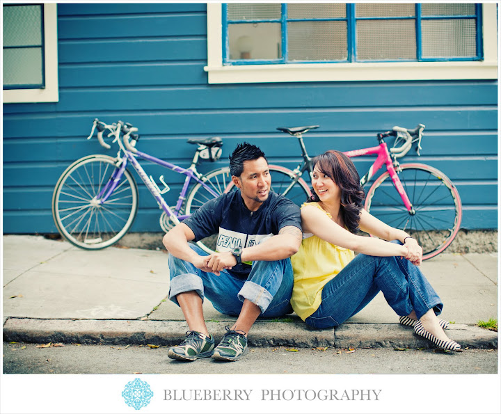 Bay area city scene engagement photography with bikes on street