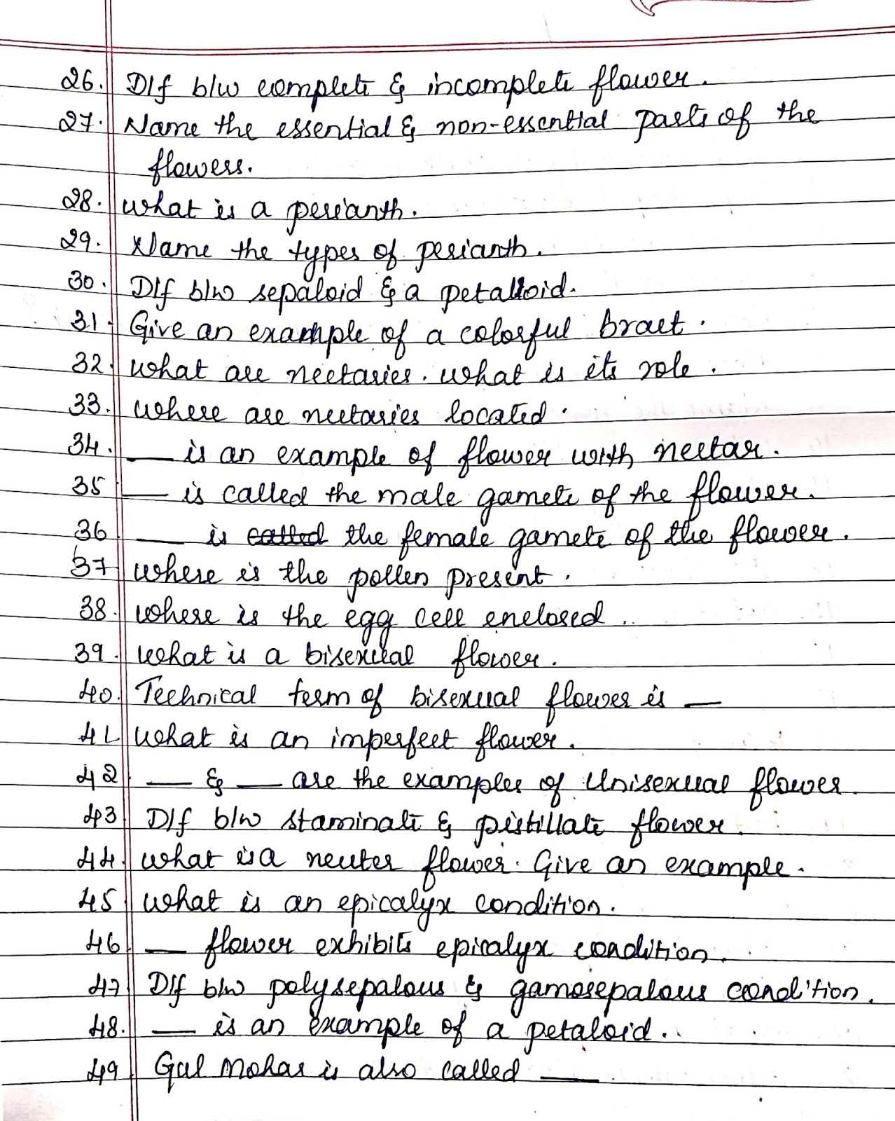 ICSE/ class9/ flower part 1 revision questions 2019