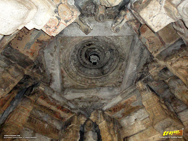 Typical Vijayanagar styled ceiling in 100 pillared Ranga Mandapa or Dance Hall, with Intricately sculpted pillars inside the Veerabhadra Swamy Temple at Lepakshi, in Andhra Pradesh, India