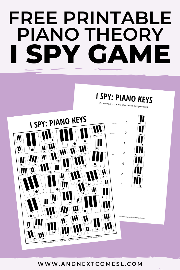 Free I spy game printable for kids: piano theory themed