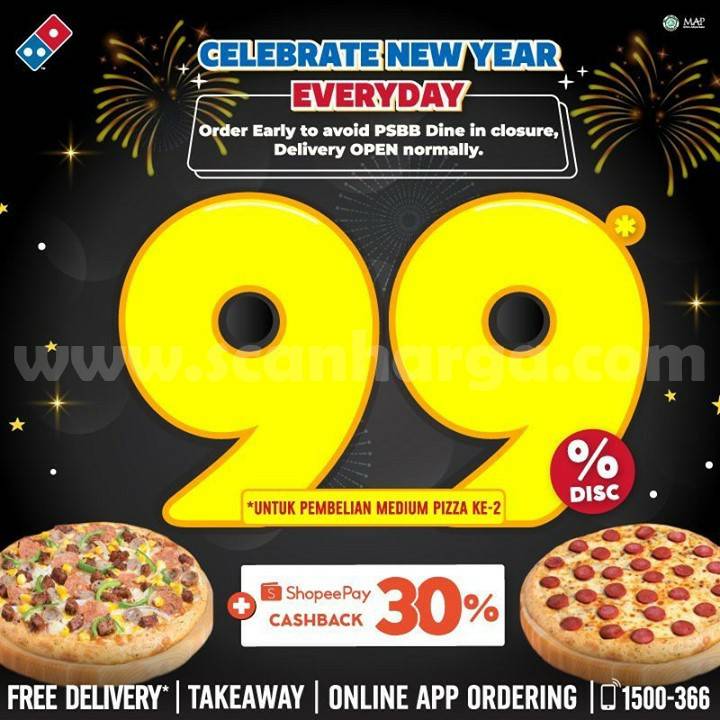 Dominos Pizza Promo Tahun Baru Diskon 99 untuk Pizza kedua* scanharga