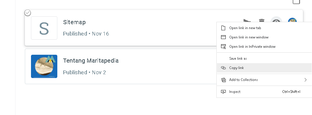 copy link page copy link page sitemap yang mau dimunculkan