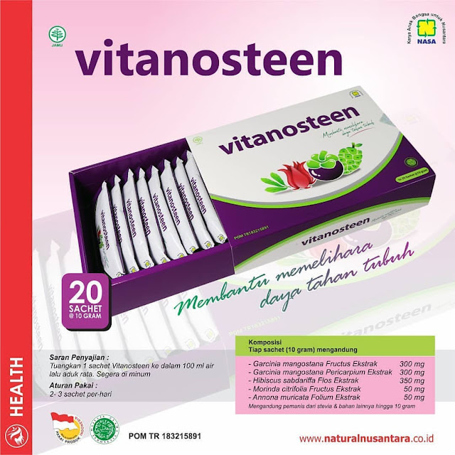 Vitanosteen merupakan kombinasi herbal alami seperti manggis, mengkudu, apel, rosella, madu, sirsak yang mempunyai khasiat antioksidan dan membantu memelihara daya tahan tubuh.