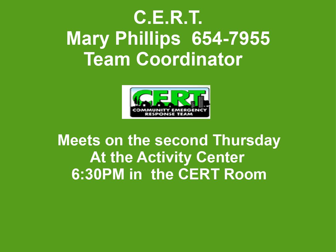 STRAWBERRY RIDGE HAPPENINGS C.E.R.T. Meetings