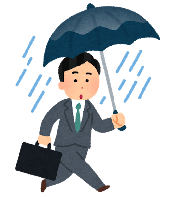 雨の日に外回りをする男性会社員のイラスト