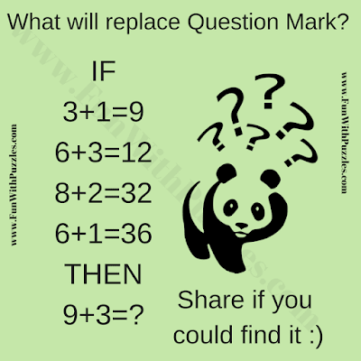 If 3+1=9, 6+3=12, 8+2=32, 6+1=36 Then 9+3=?. Can you solve this Very Tough Logical Fun Brain Teaser Puzzle Question?