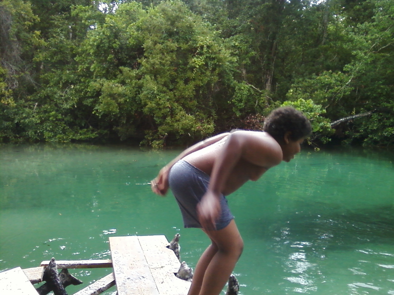 Boy getting ready to jump into the water to swim with the mantee in Florida