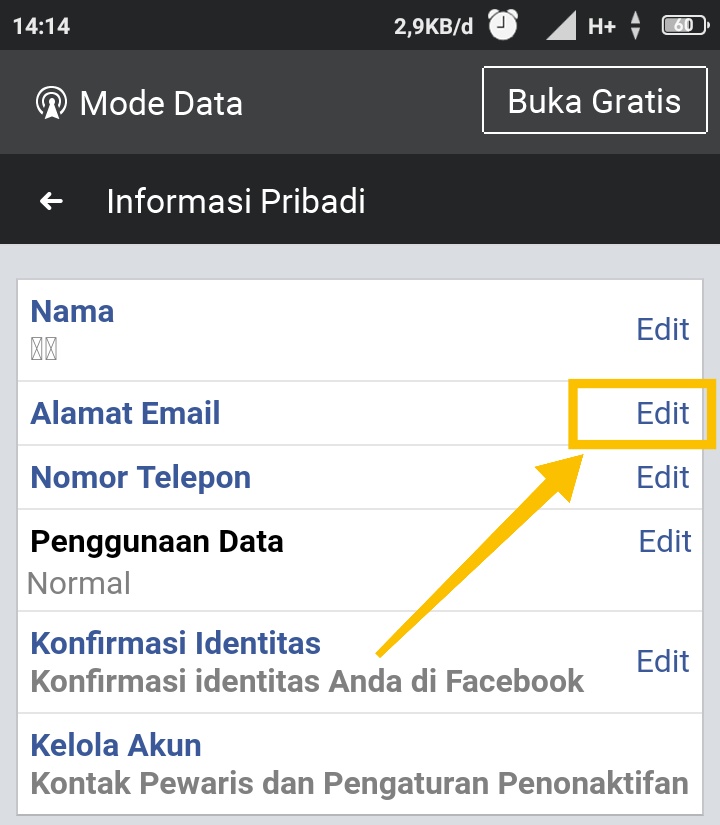 cara mengganti email fb lite