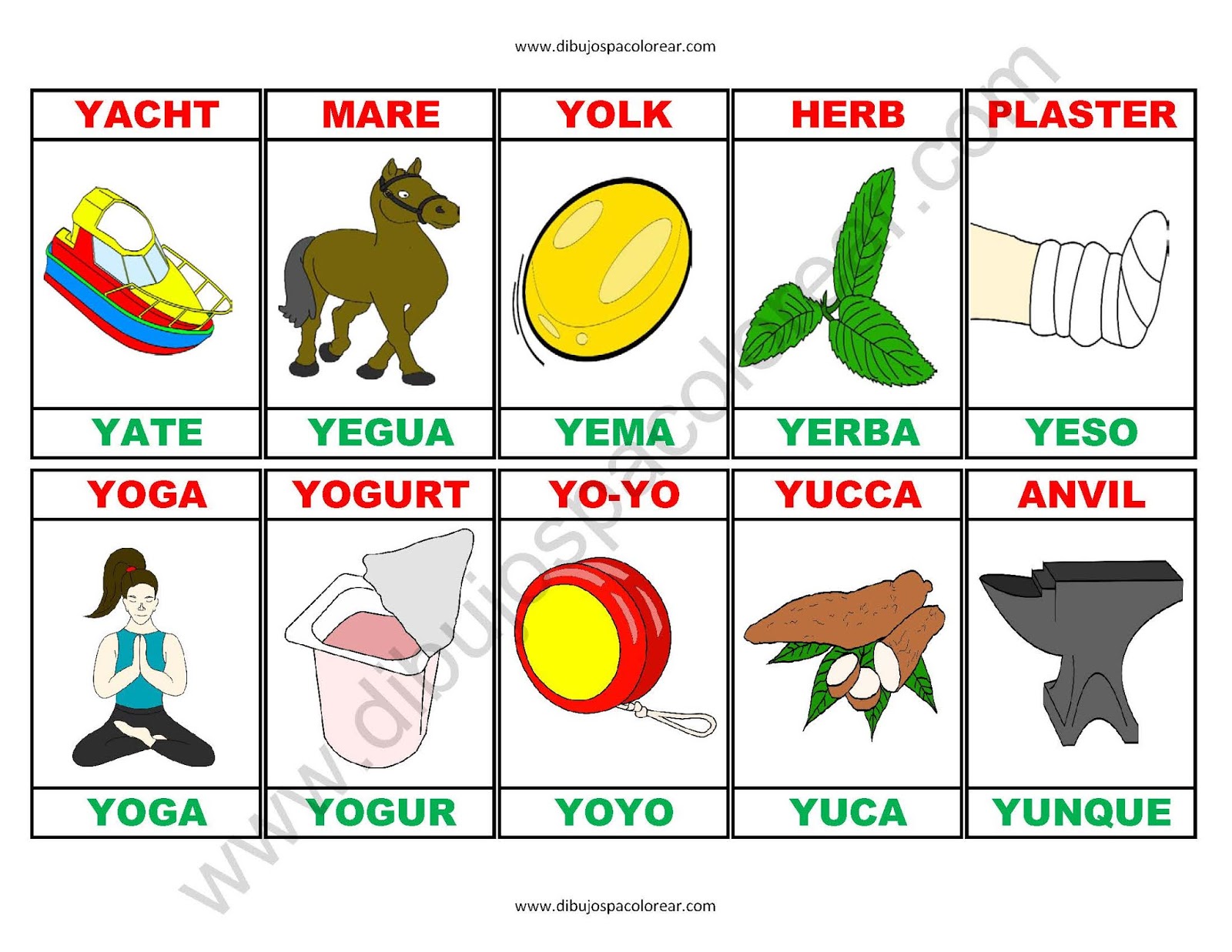 Memorama a color Español Ingles de la letra Y